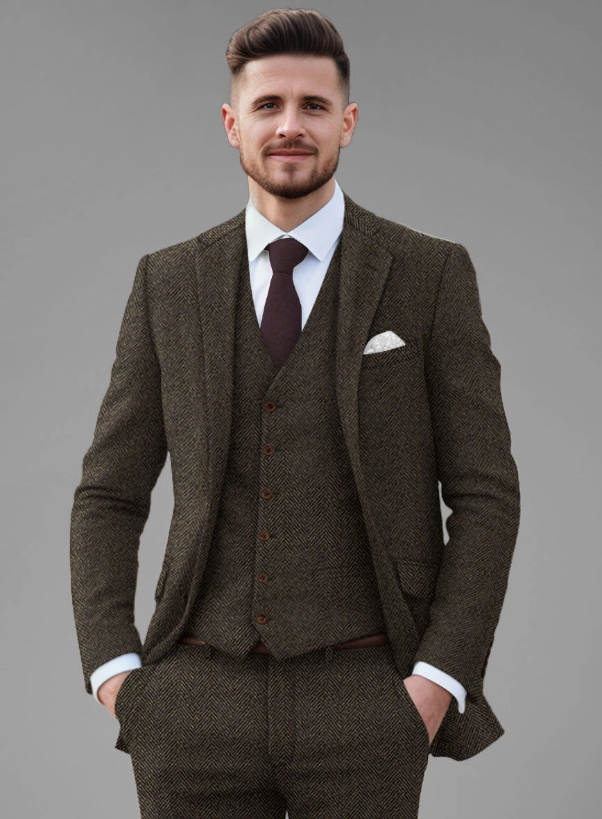 Italian Highlander Army Green Herringbone Tweed Suit