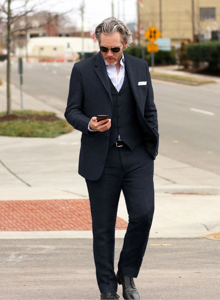 Italian Prato Dark Blue Dobby Linen Suit