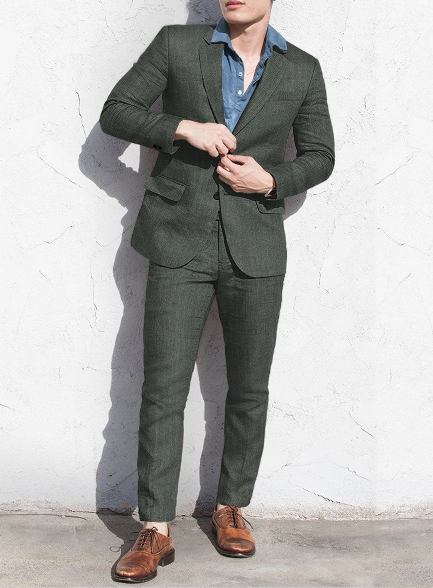 Italian Prato Olive Green Herringbone Linen Suit