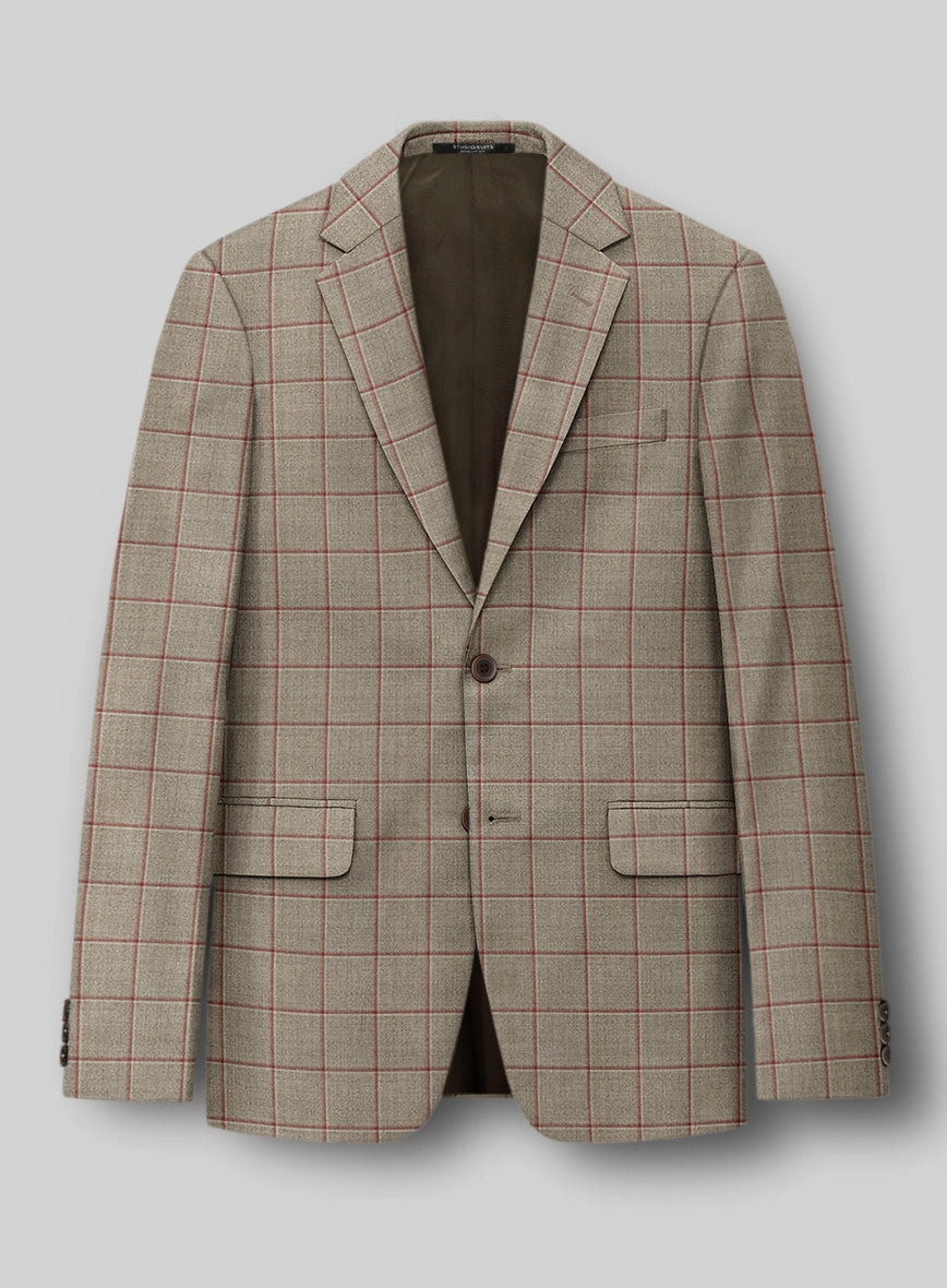 London Loom Beige Windowpane Wool Silk Linen Suit