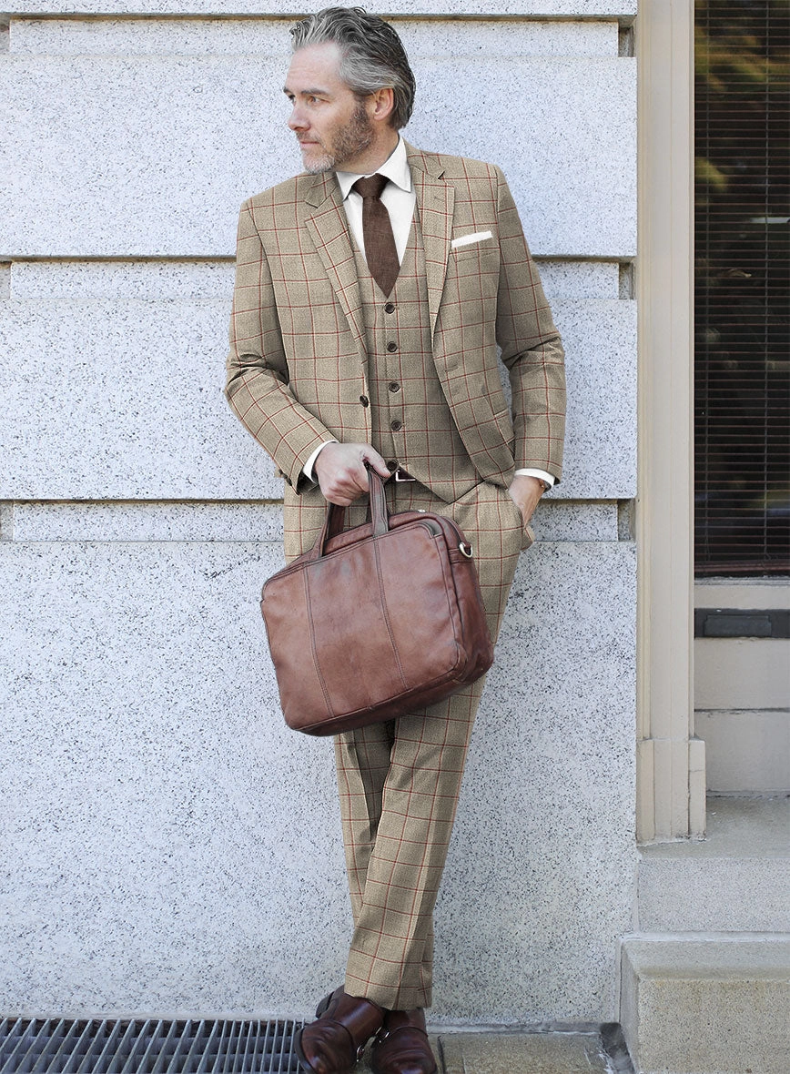 London Loom Beige Windowpane Wool Silk Linen Suit