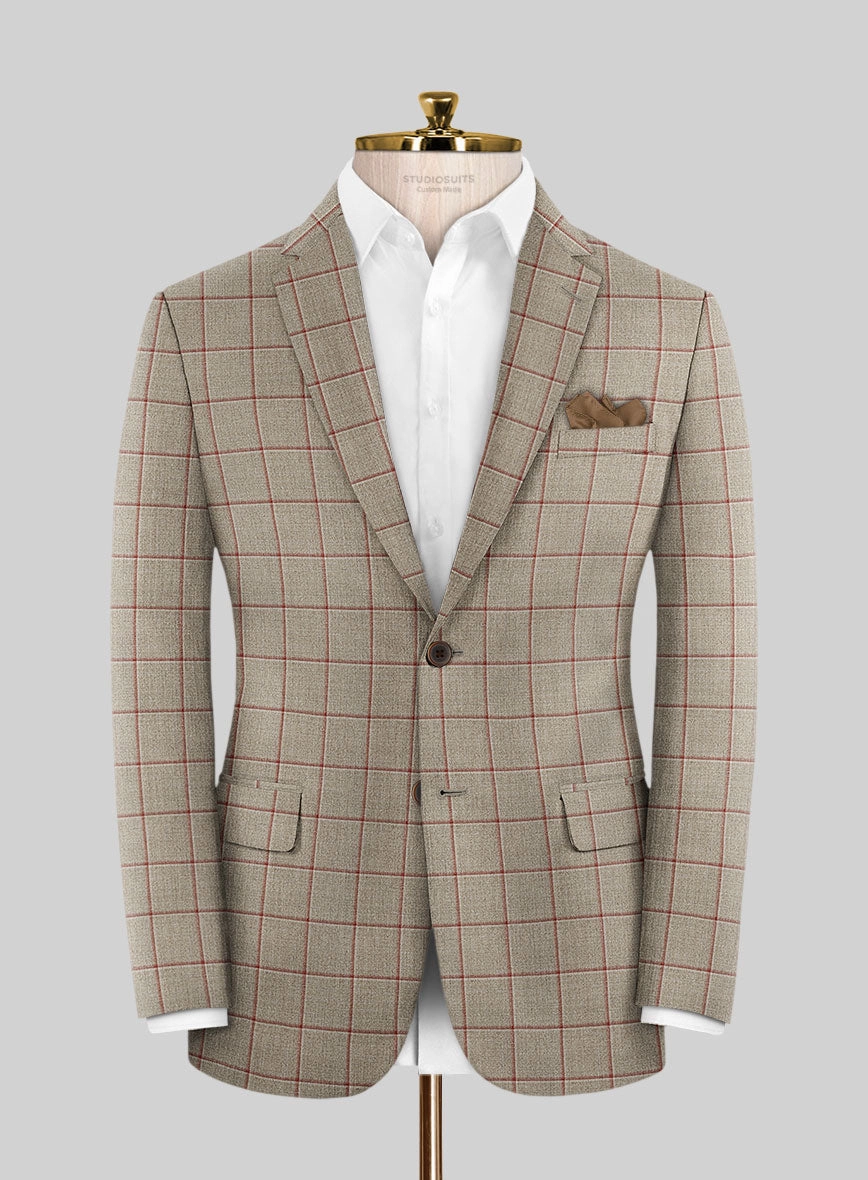 London Loom Beige Windowpane Wool Silk Linen Suit