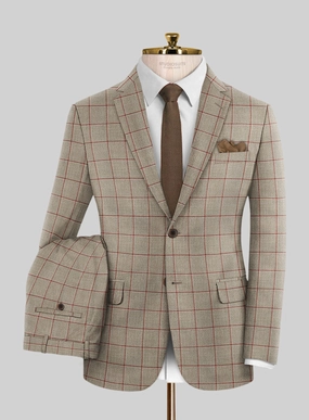 London Loom Beige Windowpane Wool Silk Linen Suit
