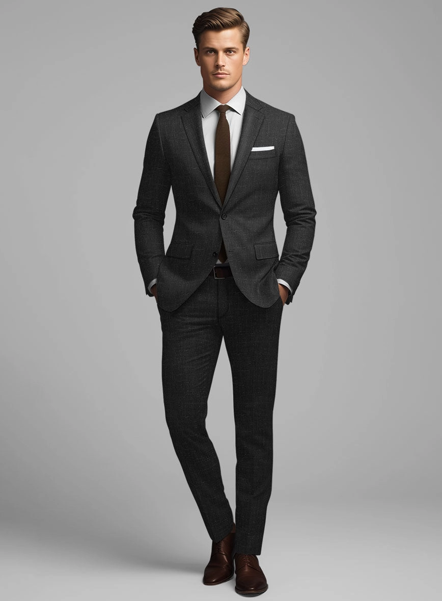 London Loom Black Twill Wool Silk Linen Suit