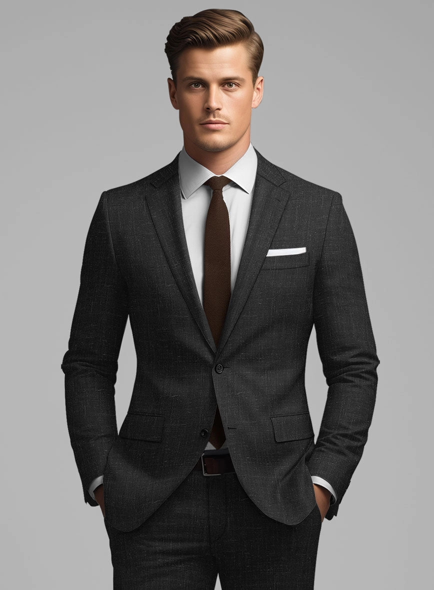 London Loom Black Twill Wool Silk Linen Suit