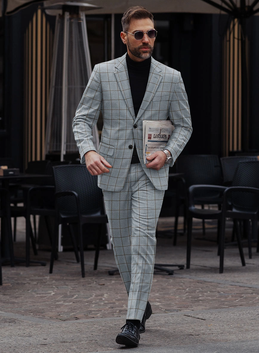 London Loom Blue Windowpane Wool Silk Linen Suit