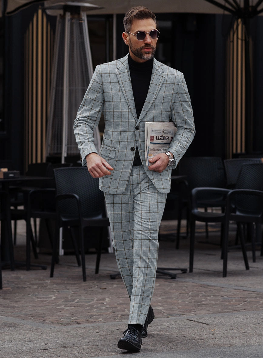 London Loom Blue Windowpane Wool Silk Linen Suit