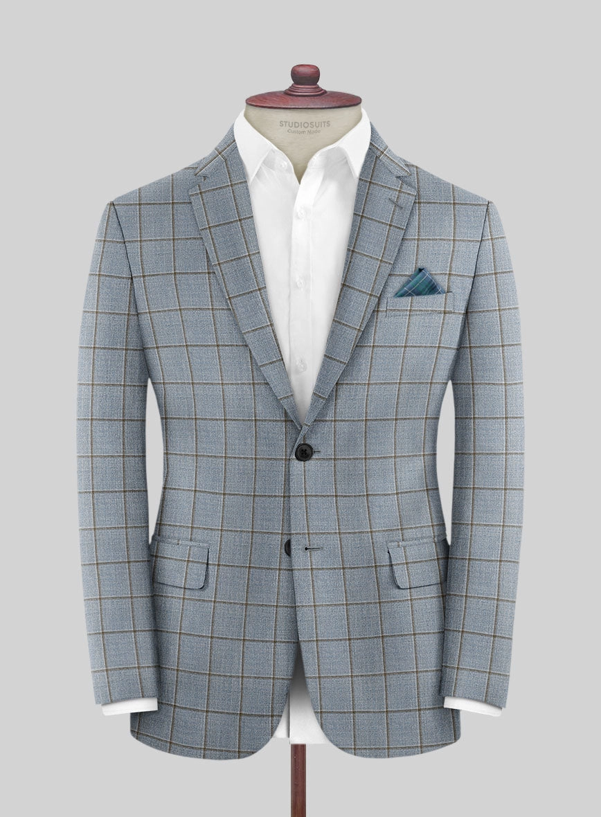 London Loom Blue Windowpane Wool Silk Linen Suit