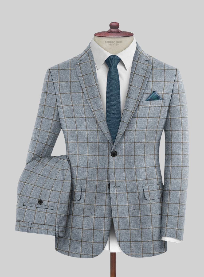 London Loom Blue Windowpane Wool Silk Linen Suit