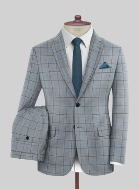 London Loom Blue Windowpane Wool Silk Linen Suit