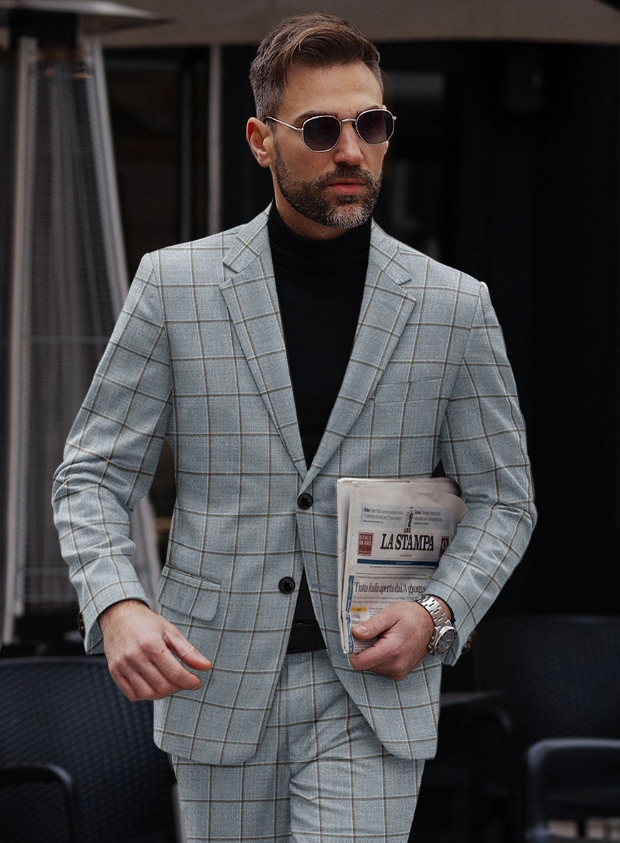 London Loom Blue Windowpane Wool Silk Linen Suit