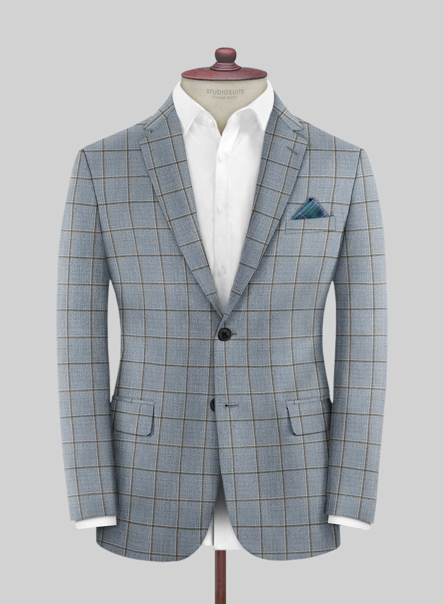London Loom Blue Windowpane Wool Silk Linen Suit