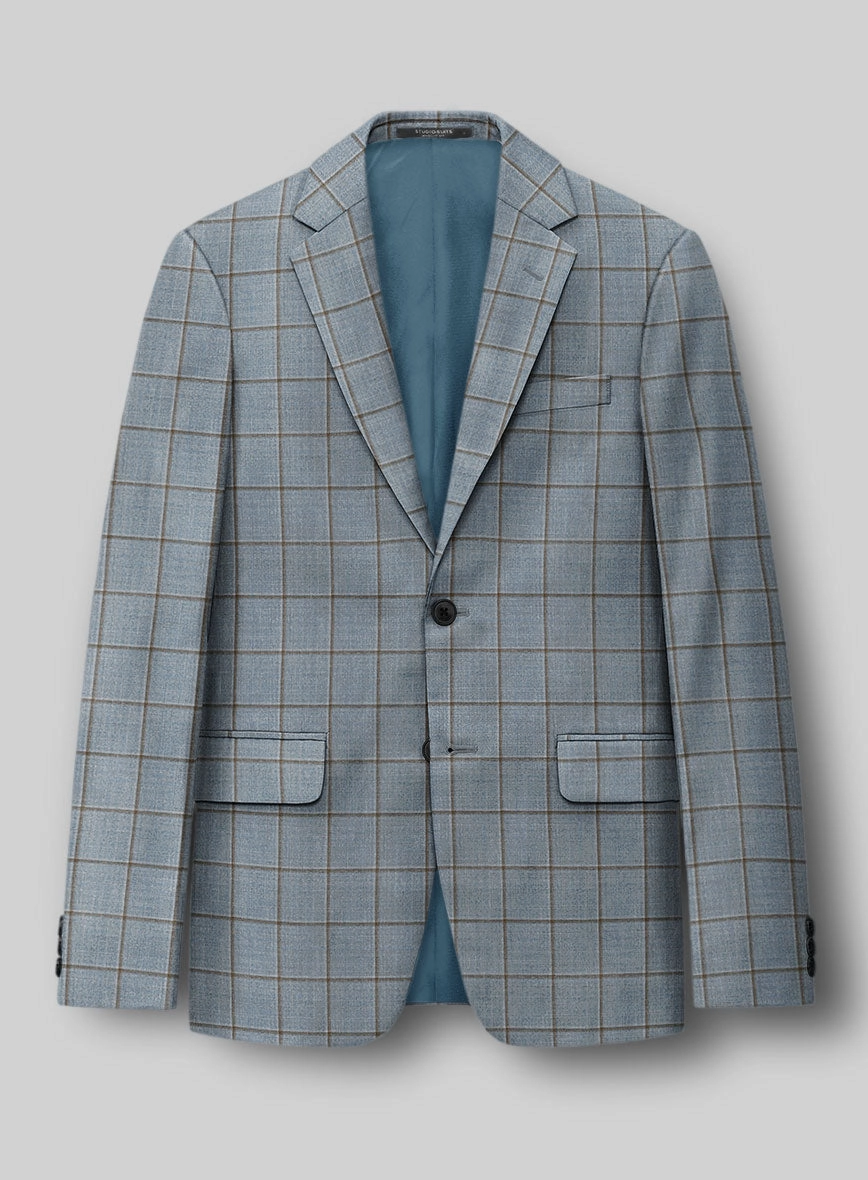 London Loom Blue Windowpane Wool Silk Linen Suit