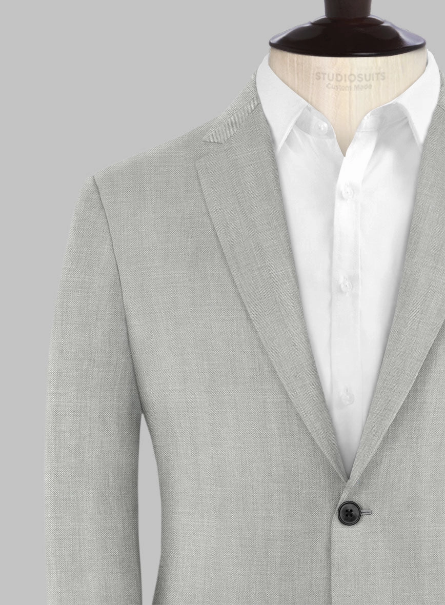 London Loom Gray Herringbone Wool Silk Linen Suit