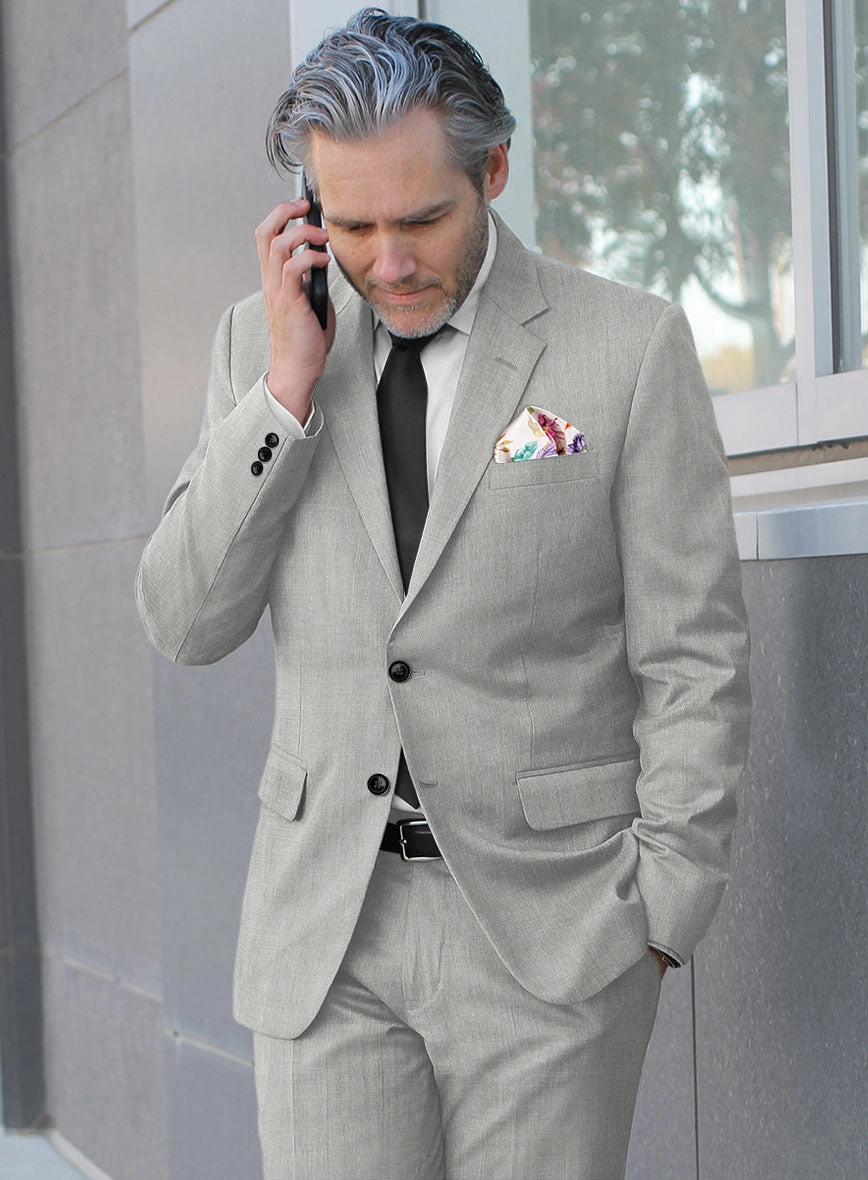London Loom Gray Herringbone Wool Silk Linen Suit