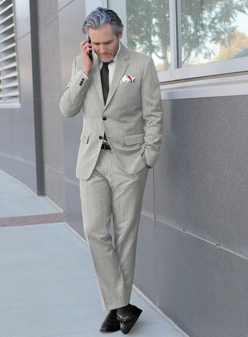 London Loom Gray Herringbone Wool Silk Linen Suit